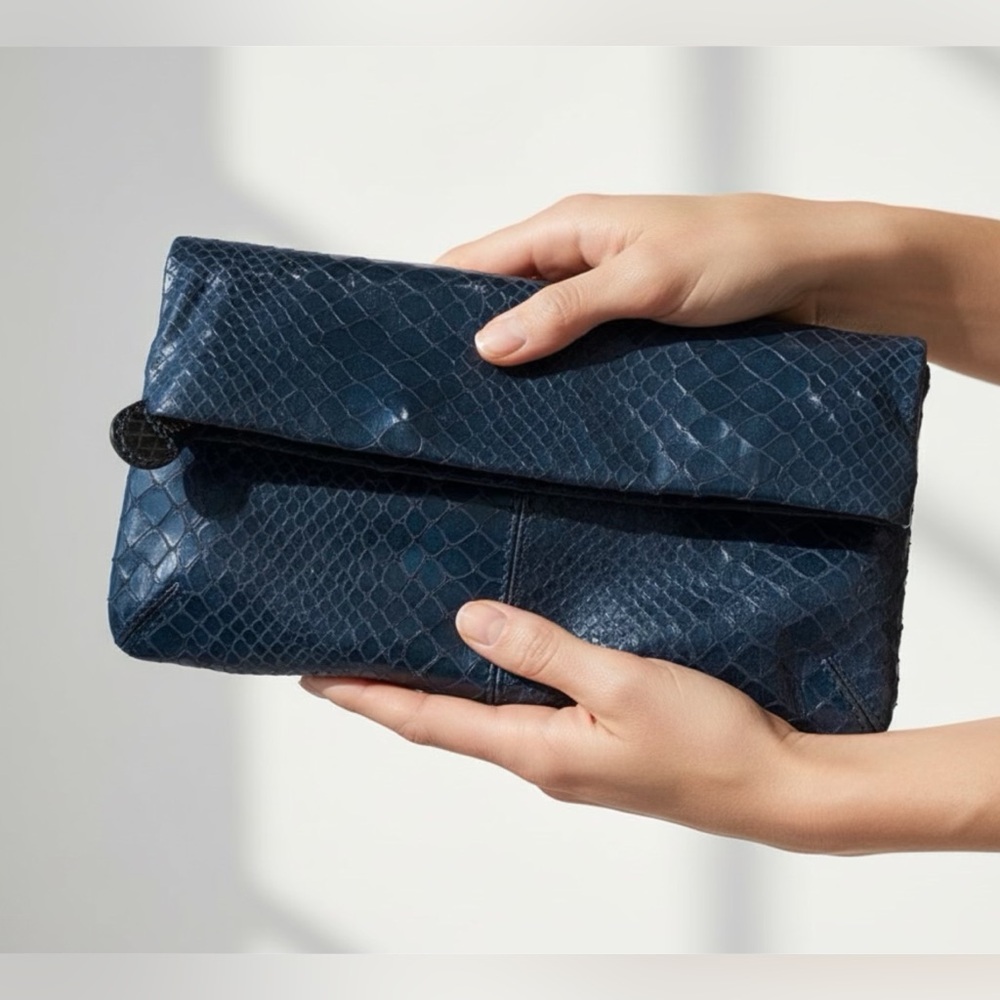 Club Monaco Fold-Over Python-Embossed Leather Clu… - image 2